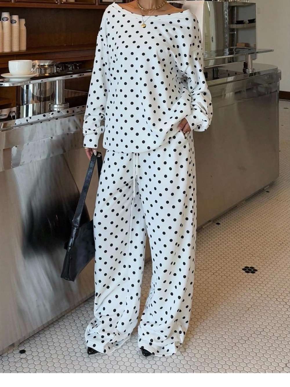 Polka Dot Wide-Leg Pants and Sweatshirt